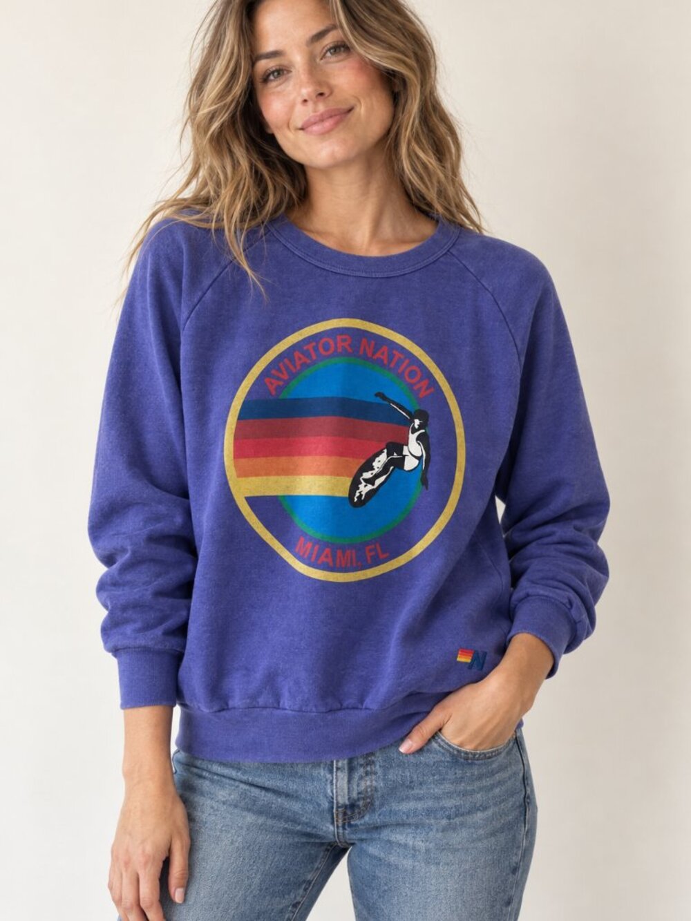 Aviator Nation Miami FL Surfer Graphic Crewneck Sweatshirt Purple Size S